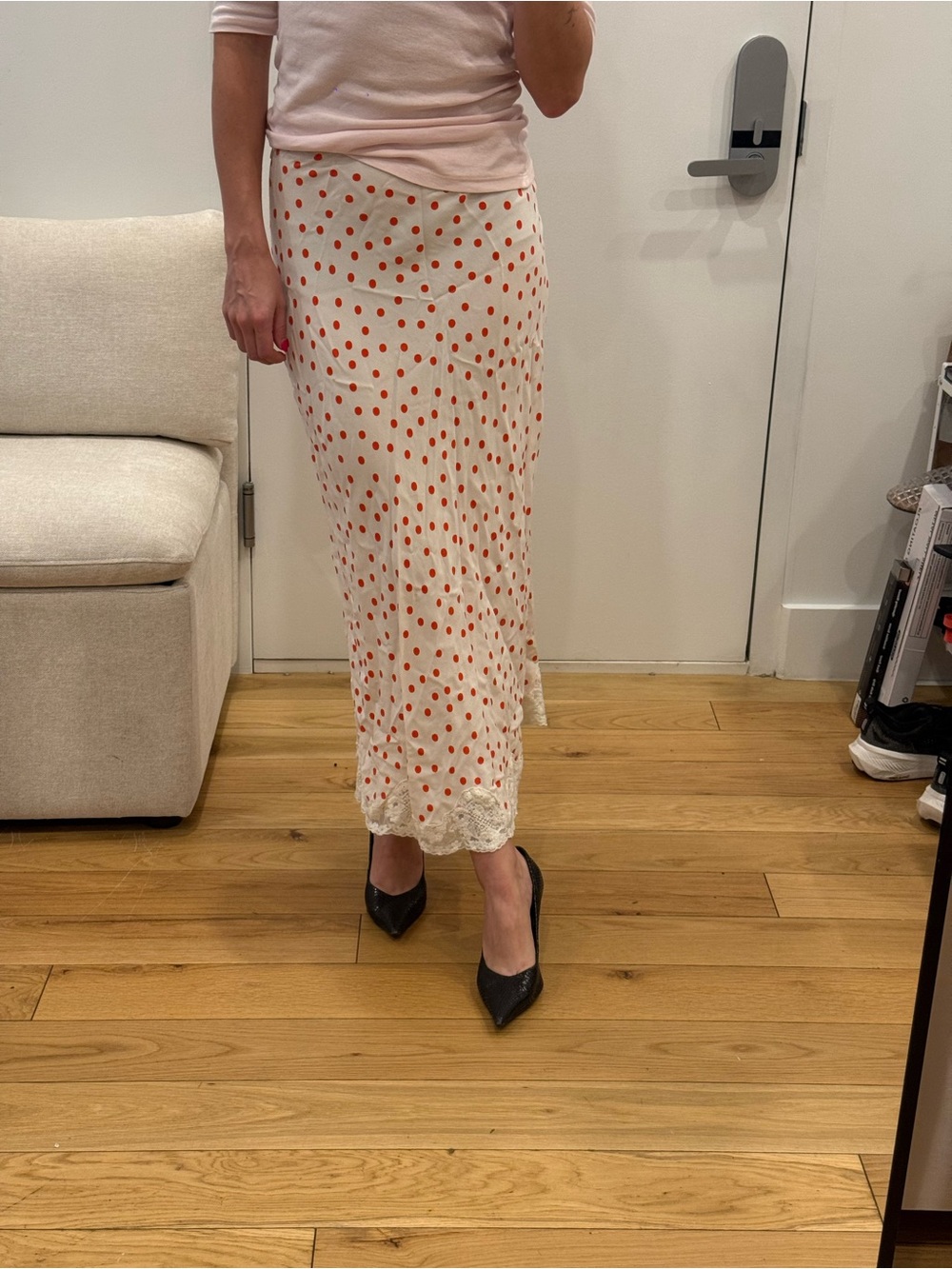 RIXO Cream Midi Skirt with Orange Polka Dots